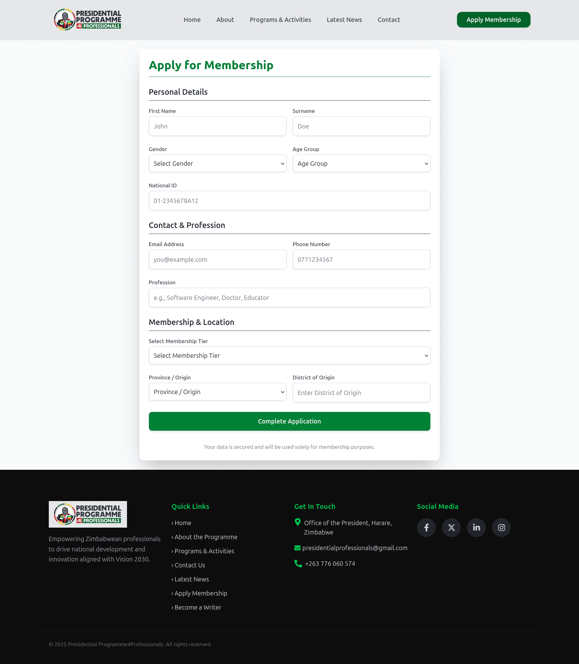 Online Registration Form of PP4P